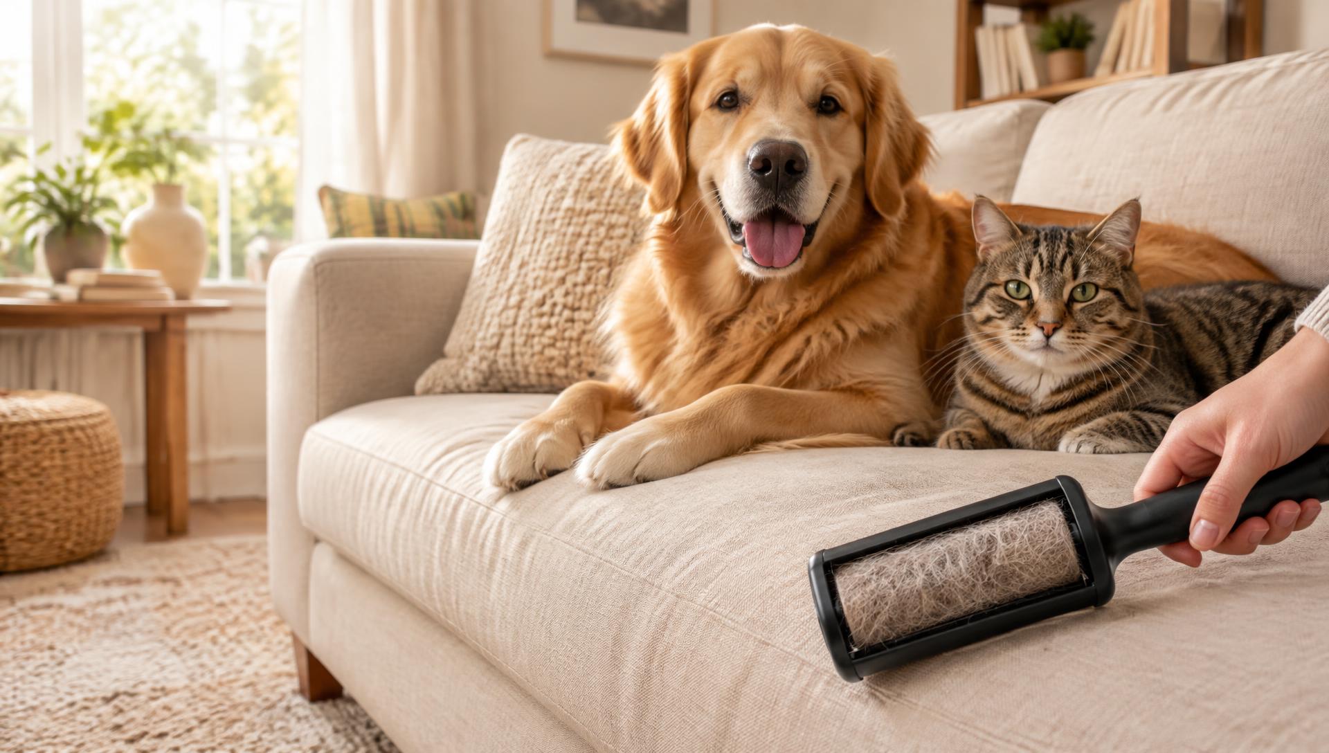Chien et chat sur un canapé avec la brosse ARYN